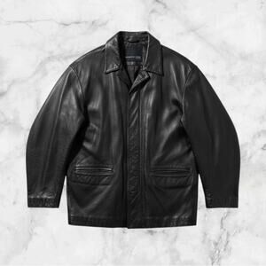 Vintage KENNETH COLE Mens Genuine Leather Coat Jacket Black Large Classic Grunge